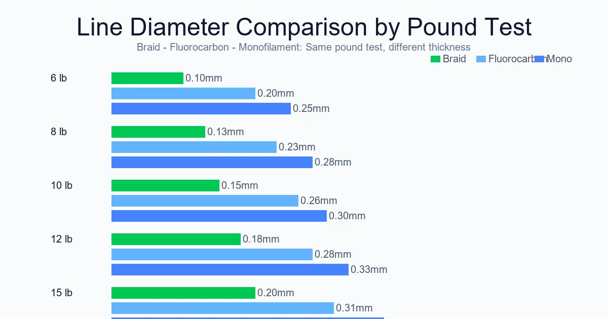 Line diameter comparison chart: braid vs fluorocarbon vs monofilament by pound test