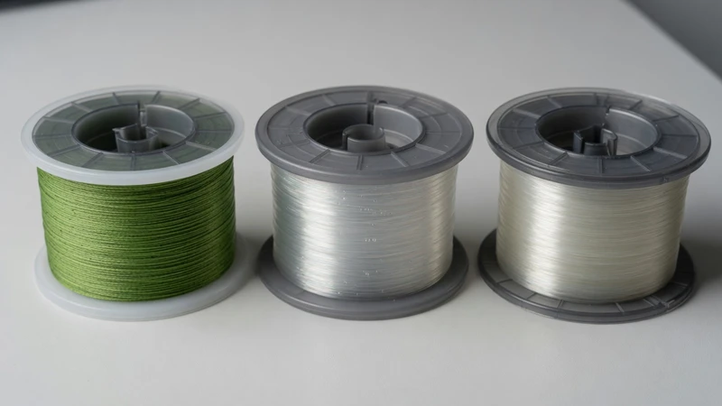 Braid, monofilament and fluorocarbon fishing line spools side by side