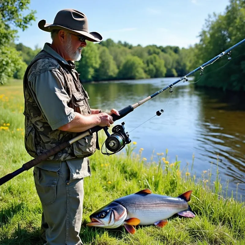 Catfish angler with trophy blue catfish on river bank