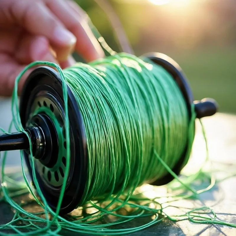 Tangled monofilament fishing line on spinning reel spool
