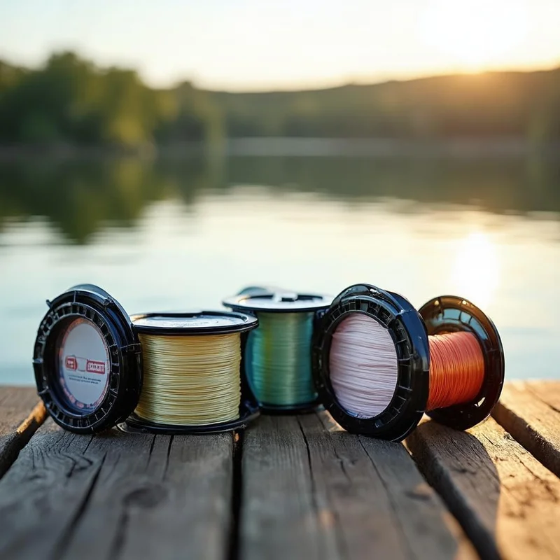Assorted fishing line spools on a workbench, mono fluoro and braid side by side
